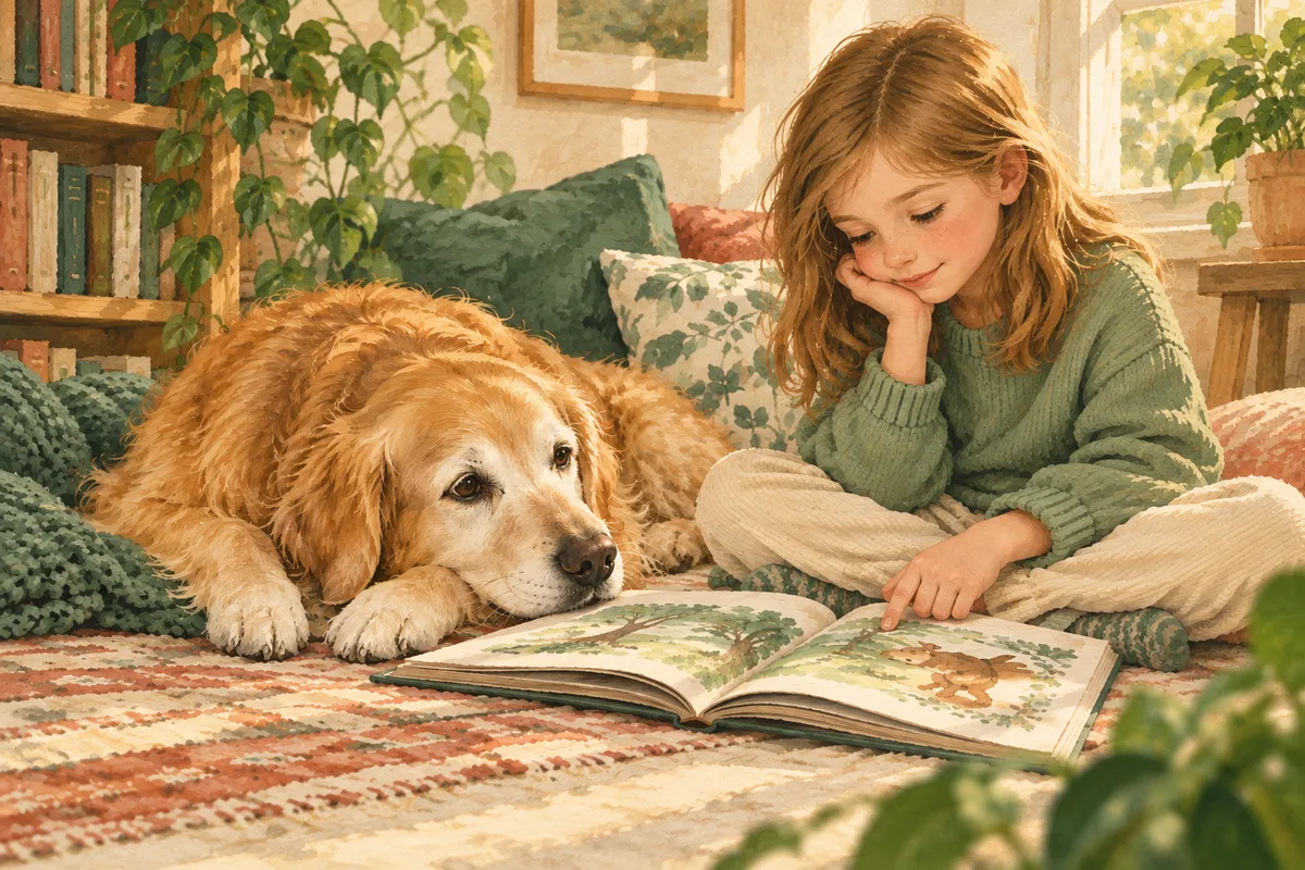 Interpretive illustration of an older Golden Retriever beside a child reading.