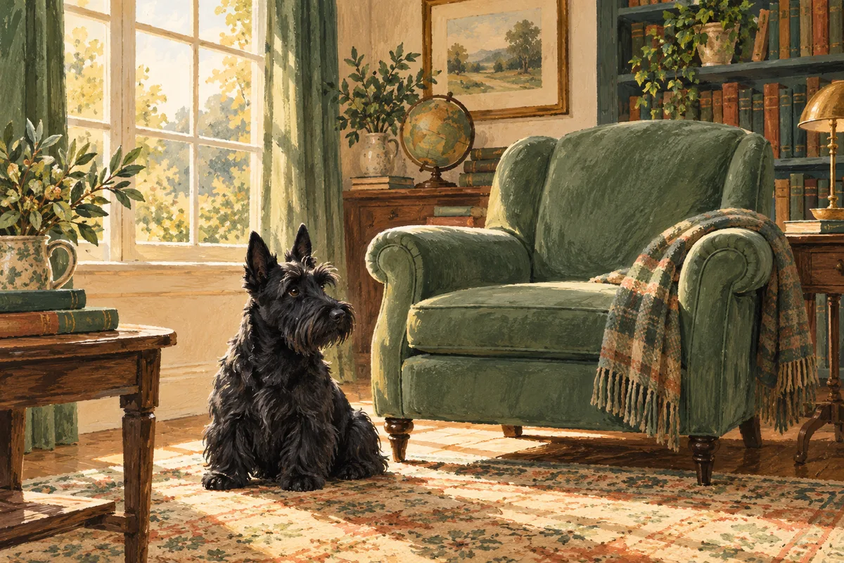 Interpretive illustration of a Scottish terrier beside a favourite armchair.