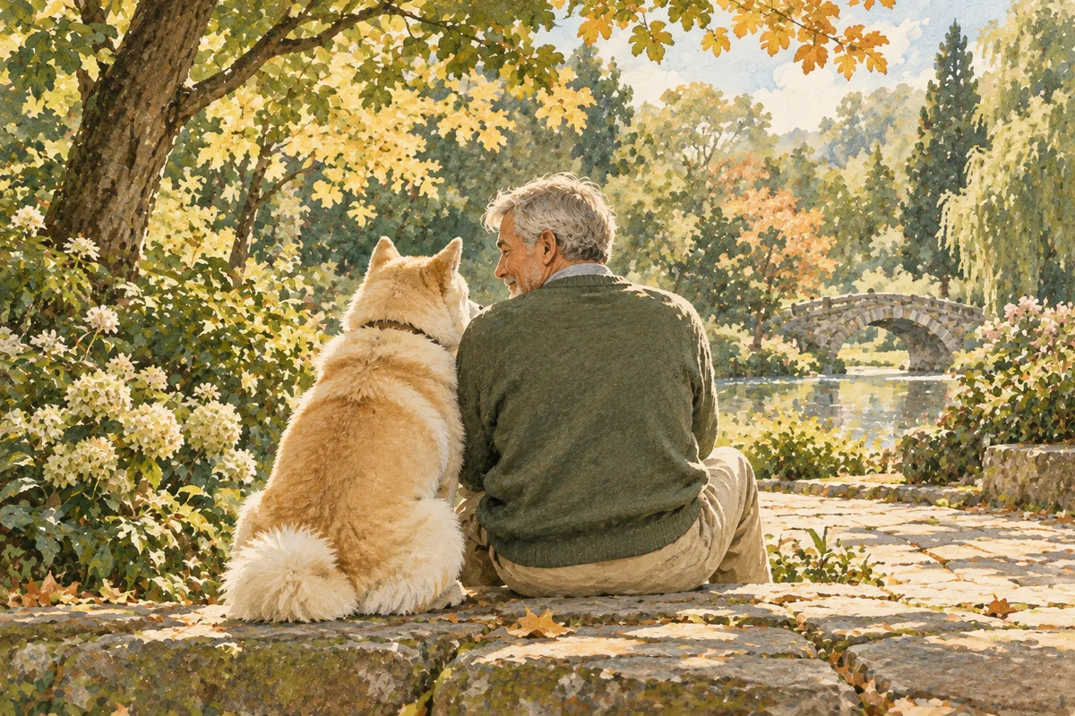 Interpretive illustration of an Akita and a companion on a garden path.
