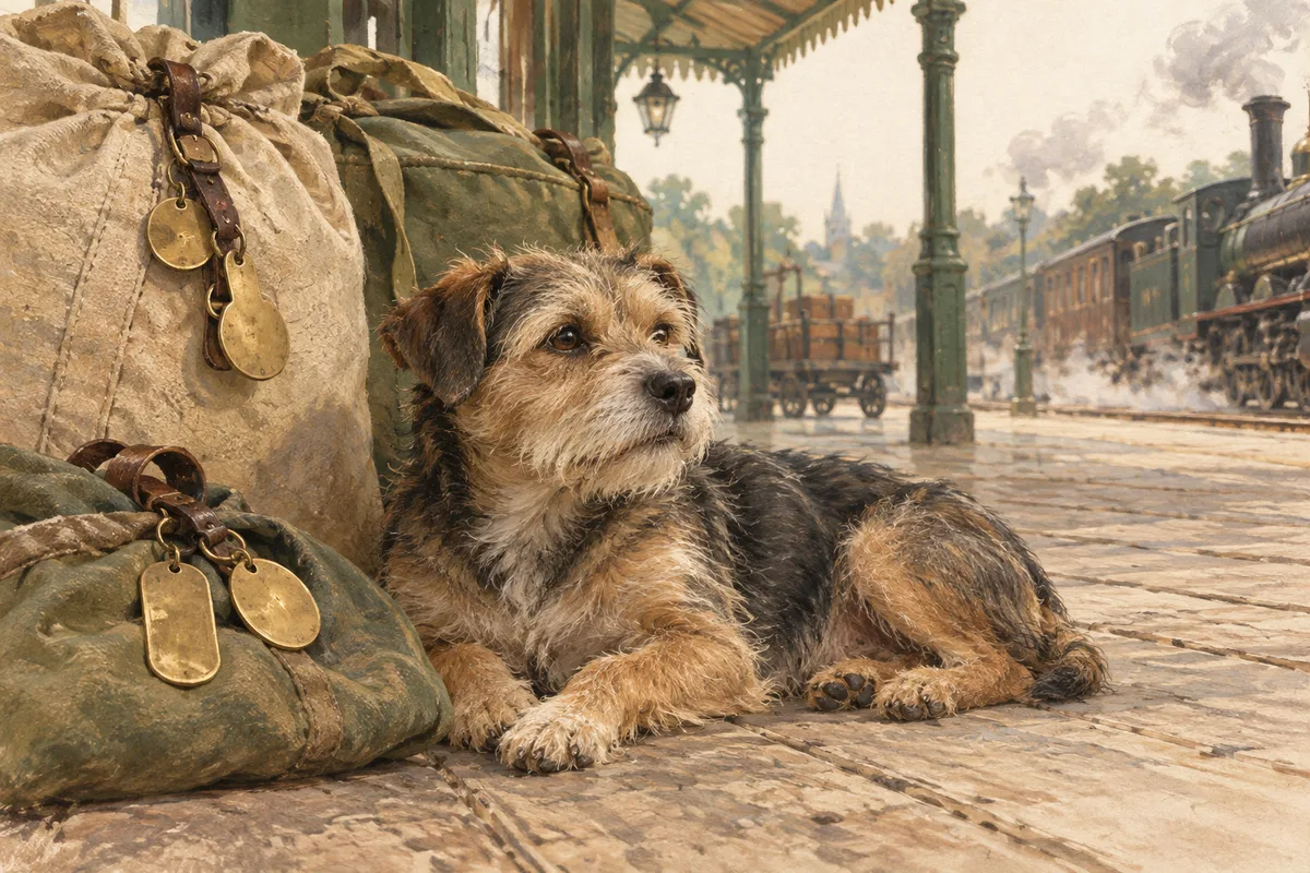 Interpretive illustration of a scruffy terrier beside railway mailbags.